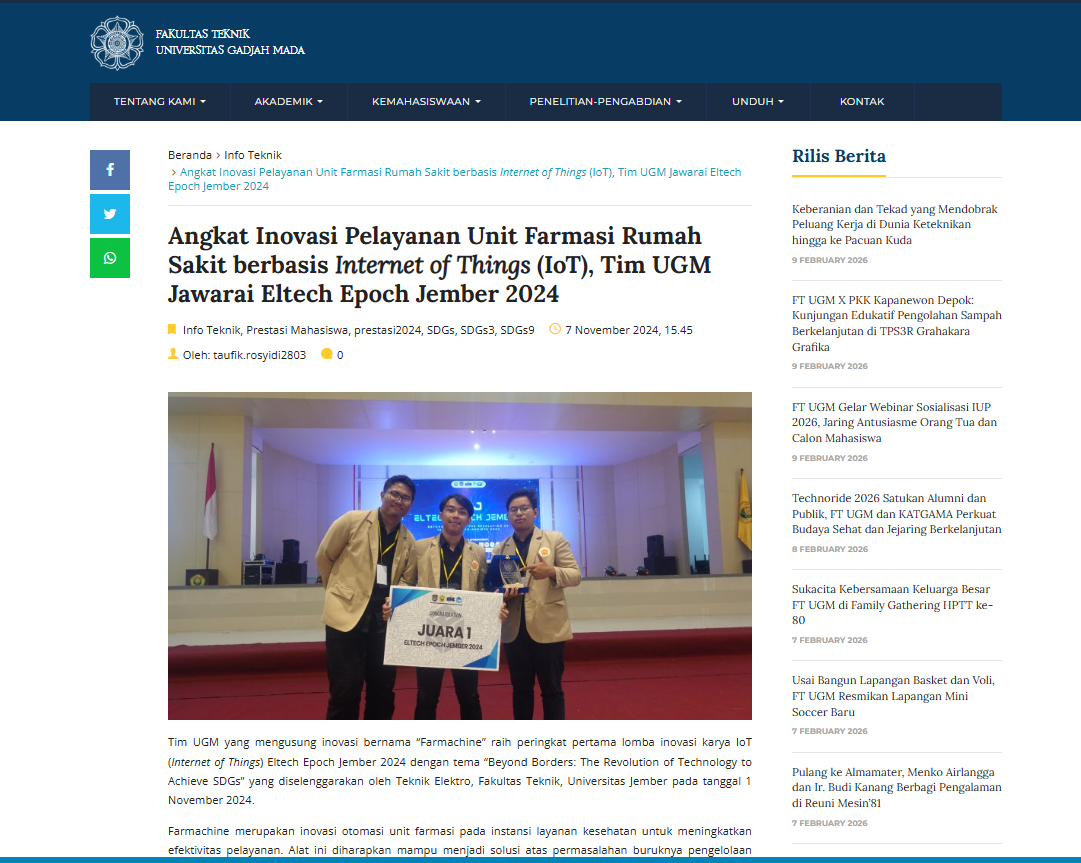 Angkat Inovasi Pelayanan Unit Farmasi Rumah Sakit berbasis Internet of Things (IoT), Tim UGM Jawarai Eltech Epoch Jember 2024